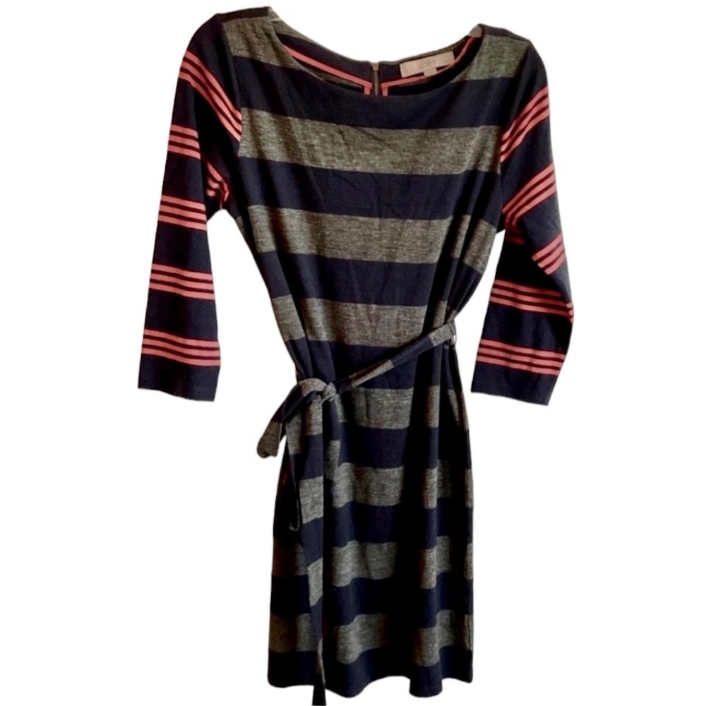 LOFT knit dress with belt.  Grey, navy and orange.  MP